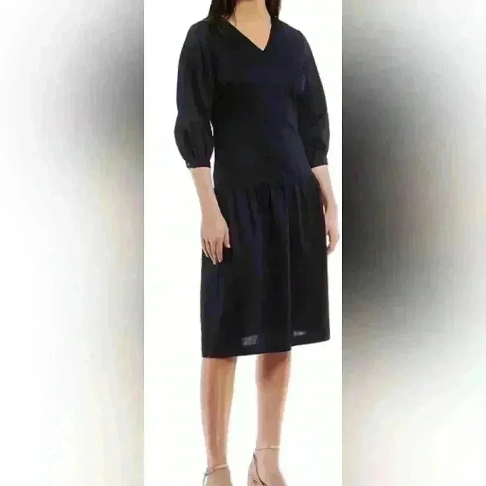 J. McLaughlin Navy Cotton Midi Sheath Dress 3/4 Sleeve Size M